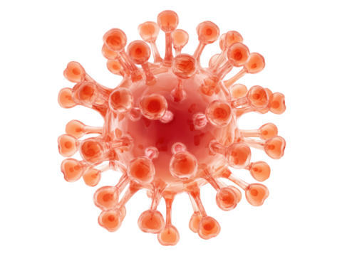 Red virus particle with spike proteins on black background coronavirus microscopic, Isolated, Png Transparent Background