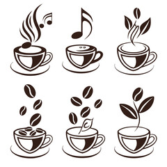 Six stylized coffee cup logos with coffee beans and musical notes icon