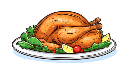 A cartoon style illustration of a roasted turkey on a platter with garnish and lemon slices on white