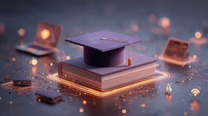 Modern e-learning with a graduation cap, books, and tech in a digital setting
