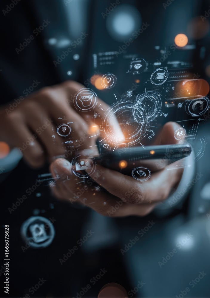 Fototapete Close-up of hands holding a smartphone, interacting with a holographic interface displaying various digital icons and data points