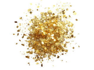 Scattered golden crystal fragments sparkling against black glitter confetti, Isolated, Png Transparent Background