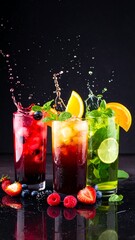 Vibrant Trio: Refreshing Cocktails with Splashing Water on Dark Background