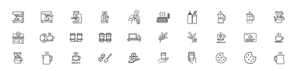 coffee or coffee shop related icon and editable stock coffee cup , coffee , coffee bin , sugar , coffee machine , coffee tray , free wifi ,  coffee with wifi , jar , coffee leaf , coffee shop