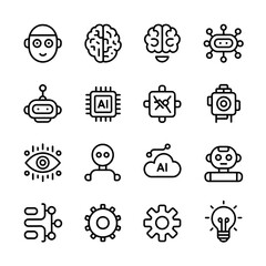 Minimalist Artificial Intelligence Icons &ndash; Robot, Brain, AI Chip, Technology, Innovation Symbols