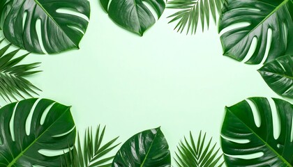 Vibrant Tropical Leaf Arrangement on Pastel Green Background