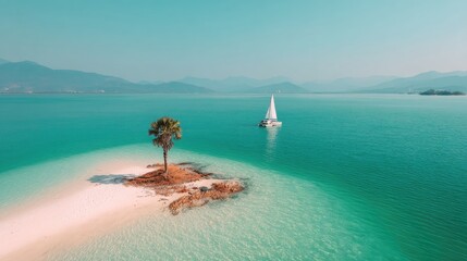 Tranquil island with a lone palm tree and sailboat in turquoise water.