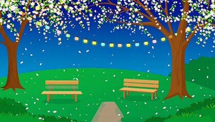 A park scene at twilight, adorned with blooming trees, string lights, and scattered petals, evokes a serene and peaceful ambiance.