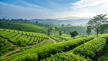 Fototapeta premium A 3D rendered image of a floating land with a green grass surface, Beautiful tea gardens, scattered in the clear background. 