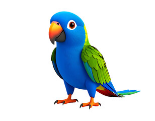 A vibrant blue cartoon parrot with bright green wings and an orange beak stands looking forward, ready for adventure.