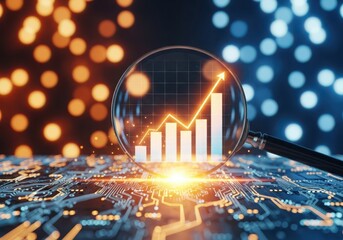Magnifying glass over a glowing financial growth chart on a digital circuit board