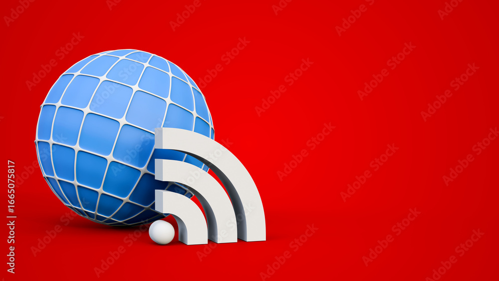 Poster wireless internet or wifi symbol with earth globe isolated on red background. global network. cybers