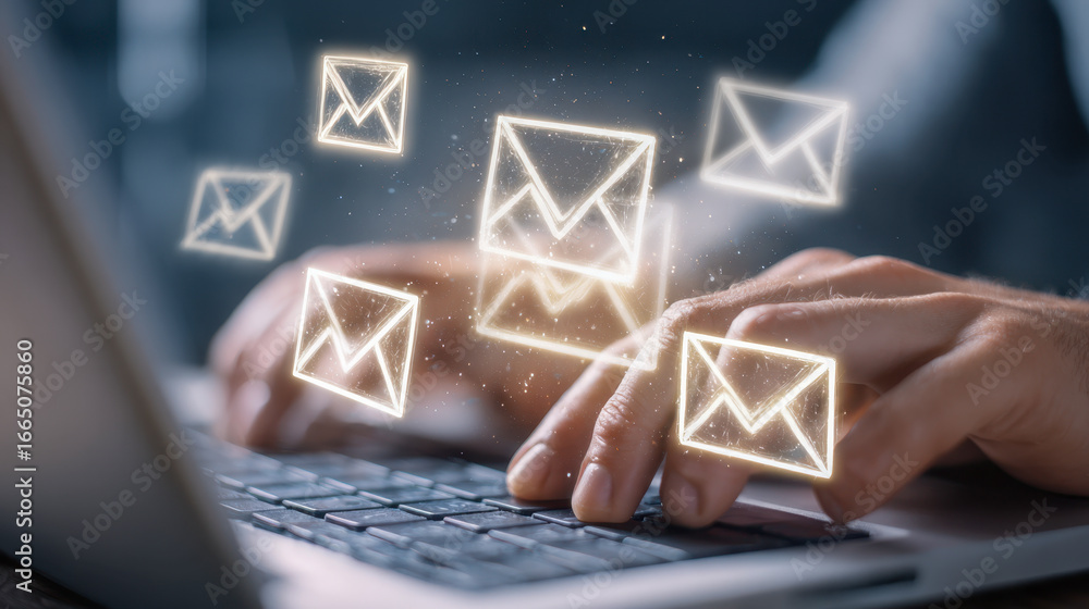 Poster digital communication connectivity concept illustrating multiple glowing email icons emerging from a