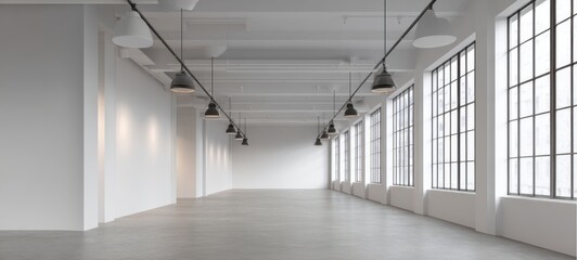 Fototapeta premium The Industrial Loft Interior Featuring Large Paned Windows And Bright Minimalist Open Space