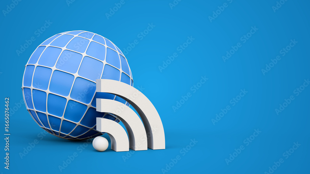 Poster wireless internet or wifi symbol with earth globe isolated on blue background. global network. cyber