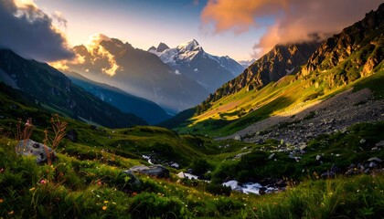 Fototapeta premium Majestic Mountain Valley Landscape with Stream, Sunlight and Lush Greenery