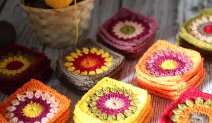 Granny square collection motives different colors flower decor crocheted samples handmade art photo	