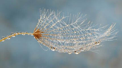 Delicate dandelion seed head adorned with morning dew drops. Intricate network of fine hairs, glistening with water droplets, creating a mesmerizing display