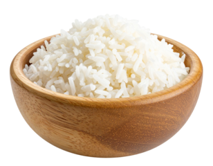 Round Wooden Bowl Filled with Steamed White Rice, Front View, isolated on transparent background.