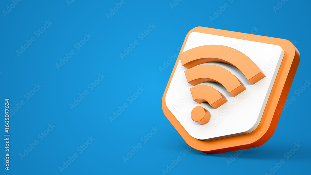 Poster cybersecurity. wireless internet or wifi symbol with shiled isolated on blue background. orange wifi