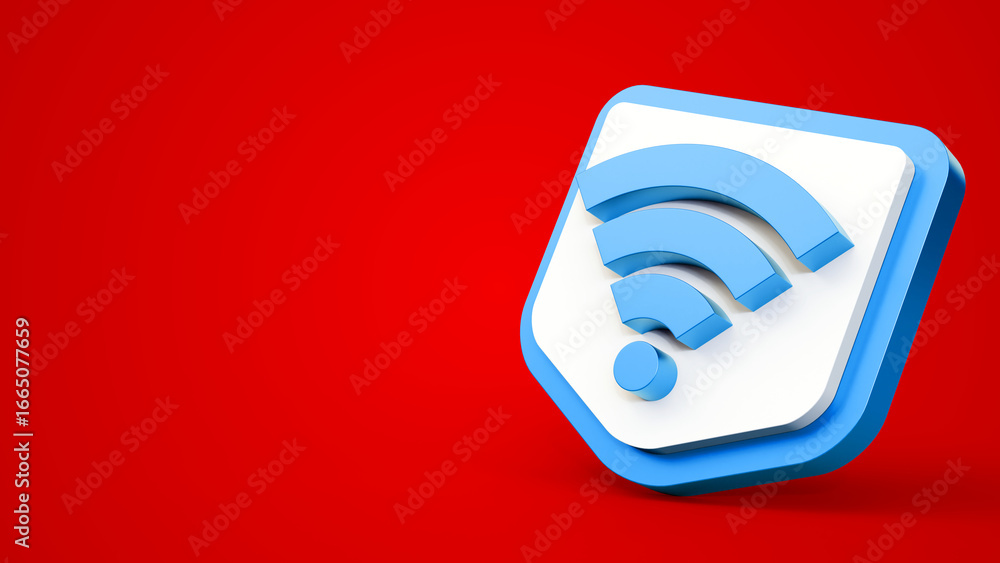 Poster cybersecurity. wireless internet or wifi symbol with shiled isolated on red background. blue wifi ic