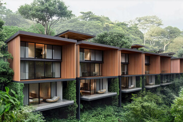 Fototapeta premium Eco-friendly resort in a tropical rainforest, with sustainable architecture and abundant wildlife