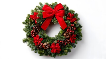 A beautifully decorated Christmas wreath with red ribbon and pinecones, isolated on a plain white background