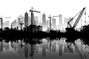 Black silhouettes of construction cranes and city buildings reflected in water