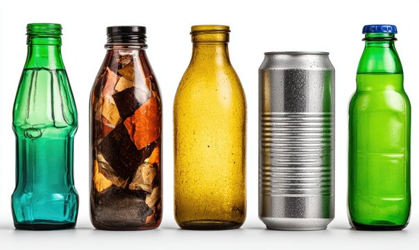 Five empty containers?two green glass bottles, an amber glass bottle, a dark plastic bottle filled with shredded organic material, and a silver aluminum can?stand in a row on a white background - Powered by Adobe