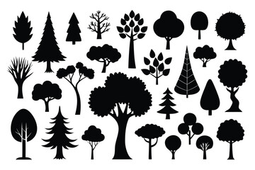 Black Silhouette Collection of Diverse Trees Conifers, Deciduous, and Abstract Forest Elements