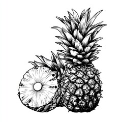 Two pineapples, one whole, one sliced, detailed line art