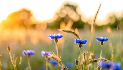 Vibrant,  blue wildflowers stand out against a soft, golden sunset field.