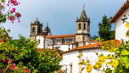 A picturesque view of a historic church, nestled within a charming village, showcasing terracotta roofs and aged whitewashed buildings, framed by lush greenery and vibrant blooms.