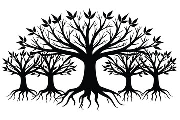 Obraz premium Black Trees Silhouette Illustration with Roots, Branches, and Leaves on White Background