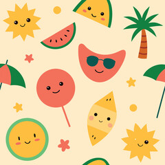 A vibrant and cheerful seamless pattern featuring cute cartoon summer fruits like watermelon slices smiling suns and a playful palm tree perfect for children s designs and beach themed decorations