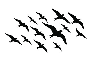 Fototapeta premium Black Silhouettes of Flying Birds Against White Background, Flock of Birds Illustration