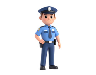 Fototapeta premium A friendly cartoon male character, depicted as a police officer in a blue uniform, stands confidently with a smile.
