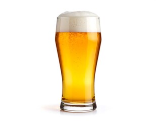 Glass of light amber beer with a thick head of foam