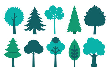 Fototapeta premium Collection of Stylized Green and Teal Tree Illustrations Isolated on White Background