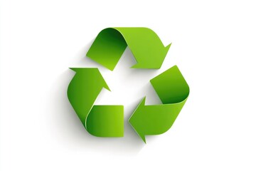 Obraz premium A vibrant green, three-arrow recycling symbol, rendered in a paper-like style with subtle shadowing against a stark white backdrop