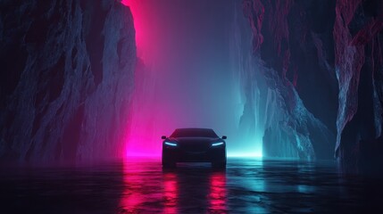Obraz premium Futuristic car in neon canyon, digital art, sci-fi backdrop, concept art