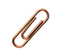 Close-up of a copper-colored paperclip.  A metallic, reddish-brown paperclip is angled, showing the classic clip shape.  The metal appears smooth and reflective