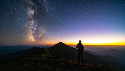 A lone figure stands on a mountain peak, gazing at a breathtaking sunrise, with the Milky Way stretching across the vast night sky.