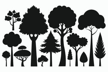 Diverse Black Tree Silhouettes Against White Backdrop Deciduous, Coniferous, and Unique Shaped Trees