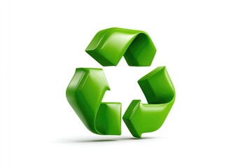 Obraz premium A vibrant, three-arrowed recycling symbol rendered in glossy, bright green, subtly angled against a stark white backdrop