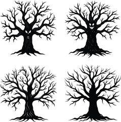 Set of Haunted Tree Vector Silhouette Art Isolated on Transparent Background for Halloween Design