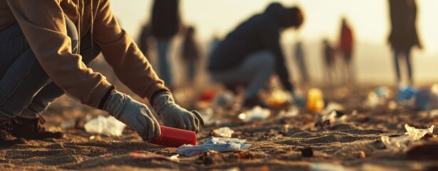 The Volunteers Picking Up Litter on a Sandy Beach at Sunset