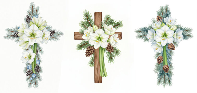 Christian cross with white amaryllis and pine branches. Easter and Christmas religious symbol for spiritual design.