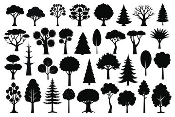 Diverse Collection of Tree Silhouettes Featuring Assorted Species and Shapes on White Background