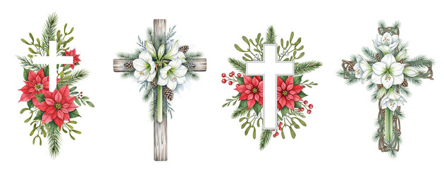 Christian cross decorated with poinsettia, holly, and evergreens. Religious symbol for Christmas and spiritual occasions. Watercolor illustration on white.